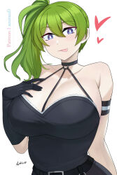 Rule 34 | 1girl, :p, aori sora, armband, belt, black belt, black choker, black dress, black gloves, blue eyes, blush, breasts, bright pupils, choker, commentary, dress, gloves, green hair, hair between eyes, halter dress, halterneck, hand on own chest, highres, large breasts, long hair, looking at viewer, side ponytail, solo, sousou no frieren, tongue, tongue out, ubel (sousou no frieren), white pupils