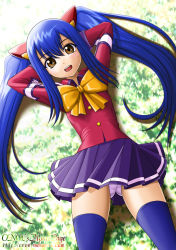 Rule 34 | 1girl, arms behind head, bad id, bad pixiv id, blue hair, brown eyes, fairy tail, lying, on back, onoe, open mouth, panties, pantyshot, pink panties, pleated skirt, skirt, solo, thighhighs, twintails, underwear, upskirt, wendy marvell