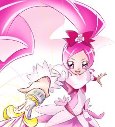 Rule 34 | 10s, 1girl, arudebido, cure blossom, dress, hair ornament, hair ribbon, hanasaki tsubomi, happy, heartcatch precure!, highres, long hair, looking at viewer, magical girl, open mouth, pink dress, pink eyes, pink hair, ponytail, precure, ribbon, scarf, simple background, sketch, smile, solo, very long hair, white background, wrist cuffs