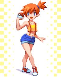 Rule 34 | 1girl, :d, breasts, creatures (company), denim, denim shorts, full body, game freak, holding, holding poke ball, looking at viewer, midriff, misty (pokemon), nintendo, open mouth, orange hair, pixel art, pixelflag, poke ball, poke ball (basic), pokemon, pokemon (anime), pokemon (classic anime), shirt, shoes, short hair, shorts, side ponytail, sleeveless, sleeveless shirt, small breasts, smile, sneakers, standing, suspenders, yellow shirt