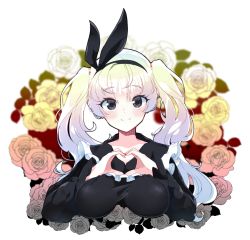 Rule 34 | 1girl, black bow, black dress, black hairband, bow, breasts, commentary request, commission, dress, flower, grey hair, hair bow, hairband, head tilt, heart, heart hands, hesh183, highres, long hair, long sleeves, looking at viewer, maplestory, medium breasts, rose, simple background, smile, solo, twintails, upper body, white background