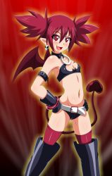Rule 34 | 1girl, artist request, bandeau, blush, breasts, cleavage, demon girl, demon tail, demon wings, disgaea, etna (disgaea), hands on own hips, highres, looking at viewer, midriff, navel, pointy ears, red eyes, red hair, shorts, small breasts, smile, solo, tail, toned, twintails, wings