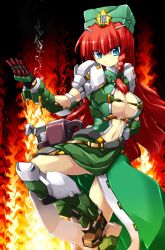 Rule 34 | 1girl, armor, bad id, bad pixiv id, blue eyes, braid, breasts, china dress, chinese clothes, cleavage, dress, female focus, fighting stance, hat, highres, hong meiling, large breasts, long hair, power armor, red hair, solo, touhou, twin braids, wazuka (pixiv), wazuka na shiawase