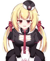 Rule 34 | 1girl, :d, absurdres, arihara nanami, between breasts, black capelet, black dress, black hat, blonde hair, blush, bow, breasts, capelet, commentary, cowboy shot, dress, garrison cap, hair between eyes, hair bow, hair ribbon, hakutocake, hat, highres, hood, hood down, jitome, large breasts, long hair, looking at viewer, low twintails, necktie, necktie between breasts, open mouth, red bow, red eyes, red necktie, red ribbon, ribbon, riddle joker, simple background, smile, smug, solo, straight-on, straight hair, twintails, very long hair, white background