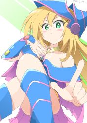 Rule 34 | 1girl, absurdres, artist request, blonde hair, dark magician girl, goggles, goggles on head, green background, green eyes, highres, konami, white background, yu-gi-oh!, yu-gi-oh! duel monsters