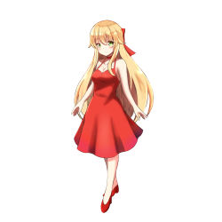 Rule 34 | 1girl, bare arms, bare shoulders, blonde hair, blush, bow, breasts, choker, cleavage, closed mouth, dress, full body, green eyes, hair between eyes, hair bow, head tilt, high heels, highres, long hair, medium breasts, original, red bow, red choker, red dress, red footwear, shibakame, shoes, simple background, sleeveless, sleeveless dress, smile, solo, standing, very long hair, white background