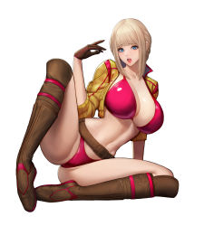 Rule 34 | 1girl, :o, absurdres, arm at side, belt, belt buckle, bikini, blonde hair, blue eyes, blunt bangs, boots, breasts, brown belt, brown footwear, brown gloves, buckle, cleavage, closed mouth, collarbone, cropped jacket, gloves, groin, highres, jacket, jungon kim, knee up, large breasts, leather, leather belt, leather boots, looking at viewer, makeup, mascara, navel, open clothes, open jacket, open mouth, original, pink lips, red bikini, shiny clothes, sidelocks, simple background, sitting, solo, stomach, swimsuit, teeth, upper teeth only, white background, yellow jacket