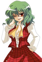 Rule 34 | 1girl, ;), adjusting hair, ascot, breasts, cleavage, female focus, green hair, kazami yuuka, large breasts, one eye closed, open clothes, open shirt, plaid, plaid skirt, plaid vest, red eyes, ribbon, shaded face, shirt, simple background, skirt, skirt set, smile, solo, touhou, umeshyu sake, untied, vest, white background, wink