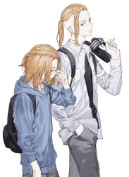 Rule 34 | 2boys, absurdres, bangs pinned back, black bag, black eyes, black shirt, blonde hair, blue hoodie, chamuring, collared shirt, ear piercing, from side, grey pants, hand in pocket, hand on own face, head down, height difference, highres, holding, holding shoes, hood, hoodie, long sleeves, looking at another, looking down, male focus, medium hair, multiple boys, pants, parted lips, piercing, ryuuguuji ken, sano manjirou, school uniform, shirt, shoes, short ponytail, simple background, single sidelock, slippers, tokyo revengers, undercut, upper body, walking, white shirt, yawning