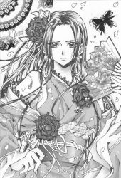 Rule 34 | 1girl, bare shoulders, beads, boa hancock, earrings, hand fan, female focus, flower, folding fan, hand on own hip, highres, hip focus, japanese clothes, jewelry, kimono, lace, long hair, looking at viewer, monochrome, one piece, rose, solo