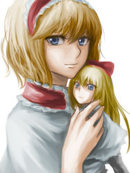Rule 34 | 1girl, alice margatroid, blonde hair, blue eyes, bow, capelet, frown, hair bow, hairband, hugging doll, hugging object, light smile, lolita hairband, long hair, looking at viewer, nip to chip, ribbon, shanghai doll, short hair, simple background, solo, touhou, upper body, white background