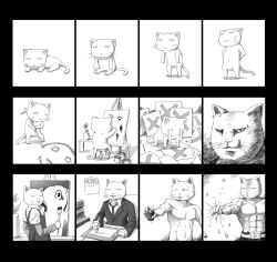 Rule 34 | apple, art brush, artist progress, canvas (object), cat, drawing tablet, easel, food, formal, fruit, greyscale, monochrome, muscular, no humans, paintbrush, painting (action), stylus, zenn