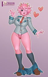 Rule 34 | 1girl, absurdres, ashido mina, black sclera, black socks, boku no hero academia, breasts, colored sclera, colored skin, full body, highres, horns, jacket, large breasts, long sleeves, looking at viewer, messy hair, nauth, one eye closed, open mouth, outline, patreon username, pink hair, pink skin, pleated skirt, purple background, school uniform, shoes, short hair, simple background, skirt, unworn skirt, smile, socks, solo, standing, teeth, thong, tongue, upper teeth only, white outline, wink, yellow eyes