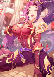 Rule 34 | 1boy, 1girl, :d, abs, artist name, bare shoulders, blurry, blurry background, bodysuit, breasts, cleavage, darklux, grey hair, hand up, hetero, highres, large breasts, league of legends, long hair, open mouth, parted hair, petals, pink hair, ponytail, prestige mythmaker sivir, purple hair, red bodysuit, red eyes, shiny clothes, shiny skin, sitting, sivir, smile, teeth, tongue, upper teeth only, very long hair