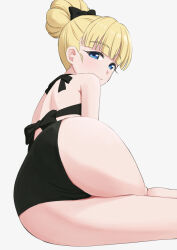 1girl ass ass_focus bikini black_bikini blonde_hair blue_eyes easy_(aqk7bdqt) from_behind looking_at_viewer looking_back lying mahou_shoujo_ni_akogarete on_side simple_background solo swimsuit tenkawa_kaoruko white_background