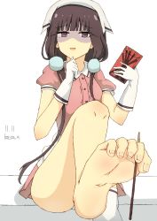 Rule 34 | 1girl, absurdres, barefoot, between toes, blend s, feet, food, foot focus, holding with feet, head scarf, highres, leg up, long hair, looking at viewer, parted lips, pocky, pov, purple eyes, sakuranomiya maika, shaded face, single sock, sitting, socks, soles, toes, white legwear
