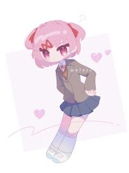 Rule 34 | 1girl, anzen robo (474zz), artist name, black skirt, blush, brown sweater vest, buttons, closed mouth, collared shirt, commentary request, doki doki literature club, full body, grey jacket, hair intakes, hair ornament, hair ribbon, hands on own hips, heart, highres, jacket, lapels, long sleeves, looking at viewer, natsuki (doki doki literature club), neck ribbon, pink eyes, pink hair, pleated skirt, puff of air, red ribbon, ribbon, shirt, shoes, short hair, sidelocks, simple background, skirt, socks, solo, sweater vest, swept bangs, twitter username, two side up, white background, white footwear, white shirt, white socks, wing collar, x hair ornament