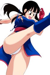 Rule 34 | black eyes, black hair, breasts, chi-chi (dragon ball), dragon ball, dragonball z, gloves, highres, injury, kicking, open mouth, panties, scar, scratches, simple background, torn clothes, underwear
