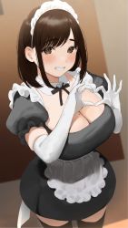 Rule 34 | 1girl, alternate costume, apron, black dress, blush, breasts, bridal gauntlets, brown hair, cleavage, commentary request, detached collar, dress, enmaided, female focus, ganbare douki-chan, grin, heart, heart hands, highres, huge breasts, kouhai-chan (douki-chan), looking at viewer, maid, maid headdress, mole, mole on breast, neck ribbon, nekoshoko, pinafore dress, plunging neckline, ribbon, skindentation, sleeveless dress, smile, solo, thick eyebrows, thighhighs, white apron