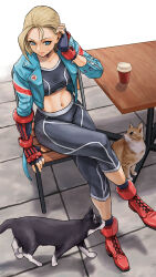 Rule 34 | 1girl, blonde hair, boots, cammy white, cat, chair, crossed legs, fingerless gloves, gloves, highres, jacket, midriff, navel, open clothes, open jacket, pants, sitting, solo, sports bra, street fighter, street fighter 6, table, x chitch, yoga pants