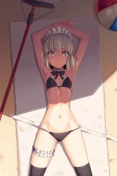 Rule 34 | 1girl, absurdres, armpits, artoria pendragon (all), artoria pendragon (alter swimsuit rider) (second ascension) (fate), artoria pendragon (fate), ball, bare arms, bare shoulders, beach, beachball, bikini, black bikini, black thighhighs, blush, boa (brianoa), breasts, bridal garter, choker, closed mouth, day, fate (series), frilled bikini, frilled choker, frills, from above, highres, looking at viewer, looking up, lying, maid, maid headdress, navel, neck garter, neck ribbon, on back, outdoors, ribbon, saber (fate), saber alter, sand, shade, shadow, small breasts, solo, sweat, sweatdrop, swimsuit, thighhighs, towel, yellow eyes