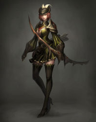 Rule 34 | armor, atlantica online, boots, bow (weapon), feathers, hat, red hair, short hair, thigh boots, thighhighs, weapon