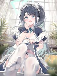 Rule 34 | 1girl, absurdly long hair, apron, aqua halo, aris (blue archive), aris (maid) (blue archive), black hair, blue archive, breasts, clothes lift, feet, foot focus, frilled apron, frills, garter belt, green halo, halo, hand on own cheek, hand on own face, hand up, highres, lifted by self, long hair, maid, maid headdress, no shoes, off shoulder, official alternate costume, one side up, open clothes, open mouth, open shirt, panties, pantyshot, rectangular halo, sitting, skirt, skirt lift, small breasts, tomoo (tomo), underwear, very long hair, white apron, white background, white panties, wrist cuffs