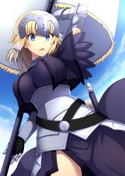 Rule 34 | 1girl, armor, armored dress, blonde hair, blue eyes, braid, breasts, capelet, day, fate/apocrypha, fate/grand order, fate (series), flag, gauntlets, headpiece, highres, holding, holding weapon, jeanne d&#039;arc (fate), jeanne d&#039;arc (ruler) (fate), large breasts, looking at viewer, open mouth, outdoors, oyaji-sou, single braid, sky, solo, sword, weapon