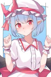 Rule 34 | 1girl, absurdres, bat wings, blue background, blue hair, closed mouth, commentary request, hat, hat ribbon, highres, katsukare, looking at viewer, mob cap, pointy ears, red eyes, red ribbon, remilia scarlet, ribbon, shirt, short hair, short sleeves, skirt, solo, touhou, upper body, white hat, white shirt, white skirt, wings, wrist cuffs