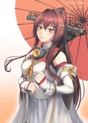 Rule 34 | 1girl, breasts, brown eyes, brown hair, cherry blossoms, clothing cutout, coat, collar, flower, hair flower, hair intakes, hair ornament, headgear, high ponytail, highres, holding, holding umbrella, jewelry, kantai collection, large breasts, long hair, long sleeves, metal collar, off shoulder, oil-paper umbrella, open clothes, open coat, ponytail, red umbrella, rekka yamato, ring, shoulder cutout, sidelocks, sleeveless, sleeveless coat, solo, umbrella, upper body, very long hair, wedding band, white coat, yamato (kancolle), yamato kai ni (kancolle)