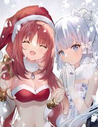 Rule 34 | 2girls, :/, ^ ^, absurdres, alternate costume, ayaka (genshin impact), bikini, blue eyes, blue nails, blush, bow, box, bracer, breasts, brooch, christmas, cleavage, closed eyes, closed mouth, detached sleeves, dress, facing viewer, fur choker, genshin impact, gift, grey background, hair bow, hair ornament, happy, hat, highres, holding, holding box, holding gift, jewelry, long sleeves, looking at viewer, medium breasts, multiple girls, nail polish, navel, nilou (genshin impact), open mouth, own hands together, parted bangs, ponytail, red hair, santa bikini, santa hat, sidelocks, simple background, sleeveless, sleeveless dress, snowing, stomach, strapless, strapless dress, swimsuit, ume (plumblossom), upper body, white bow, white dress, white hair, white sleeves