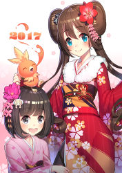 Rule 34 | 2017, 2girls, ^ ^, alternate costume, animal, animal on head, blush, breath weapon, breathing fire, brown hair, character pin, chinese zodiac, closed eyes, closed mouth, commentary, creatures (company), double bun, fire, floral background, floral print, flower, fur collar, furisode, game freak, gen 3 pokemon, gradient background, hair between eyes, hair bun, hair flower, hair ornament, happy new year, japanese clothes, kanzashi, kimono, long hair, long sleeves, looking at viewer, multiple girls, nengajou, new year, nintendo, obi, on head, open mouth, pantyhose, pink background, pink kimono, pokemon, pokemon (creature), pokemon bw2, pokemon on head, pokemon sm, red flower, red kimono, ririko (zhuoyandesailaer), rosa (pokemon), sash, selene (pokemon), short hair, smile, teeth, torchic, twintails, white background, wide sleeves, year of the rooster