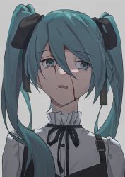 Rule 34 | 1girl, aqua eyes, aqua hair, backlighting, black ribbon, blood, blood on face, commentary, grey background, hair ribbon, hatsune miku, long hair, open mouth, portrait, ribbon, shirt, simple background, solo, suspenders, twintails, vocaloid, white shirt, wounds404
