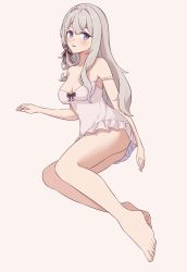 Rule 34 | 1girl, absurdres, azur lane, bare shoulders, barefoot, blue eyes, breasts, cleavage, collarbone, commentary request, foreshortening, grey hair, heterochromia, highres, long hair, medium breasts, murmansk (azur lane), murmansk (sceneries of pure snow) (azur lane), nightgown, official alternate costume, ping zhong yu, purple eyes, simple background, solo, strap slip, white nightgown