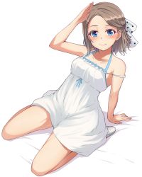 Rule 34 | 10s, 1girl, alternate hairstyle, arm support, bare arms, bare legs, bare shoulders, blue eyes, bow, brown hair, dress, forehead, foreshortening, frilled dress, frills, full body, hair bow, hair ornament, hair ribbon, hairclip, hairpin, half updo, highres, leaning back, looking at viewer, love live!, love live! sunshine!!, nanotsuki, polka dot, polka dot bow, ribbon, salute, seiza, shoes, short hair, simple background, sitting, smile, solo, strap slip, sundress, watanabe you, white background