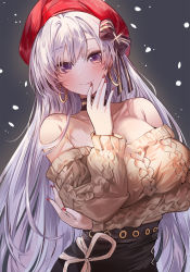 Rule 34 | 1girl, aran sweater, arm under breasts, azur lane, bad id, bad pixiv id, bare shoulders, belfast (azur lane), belfast (shopping with the head maid) (azur lane), beret, black skirt, blush, bow, breasts, brown sweater, cable knit, choker, closed mouth, commentary request, earrings, hair bow, hand to own mouth, hat, highres, hoop earrings, jewelry, large breasts, long hair, looking at viewer, nail polish, off-shoulder sweater, off shoulder, purple eyes, red headwear, red nails, silver hair, skirt, smile, suru (ksoo420), sweater