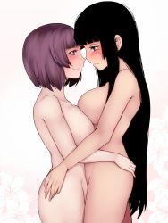 Rule 34 | 2girls, aoshima, black hair, blunt bangs, blush, breasts, commentary request, eye contact, from side, frown, hakurei reimu, hieda no akyuu, highres, large breasts, long hair, looking at another, multiple girls, nude, purple eyes, purple hair, short hair, smile, thighs, touhou, very long hair, yuri