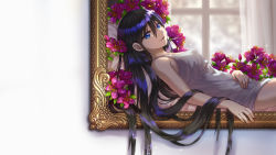Rule 34 | 1girl, aesice, black hair, blue eyes, breasts, commentary request, curtains, dress, flower, hair between eyes, hand on own stomach, highres, long hair, looking at viewer, lying, on back, open mouth, original, picture frame, short dress, sleeveless, small breasts, smile, solo, through medium, through painting, window