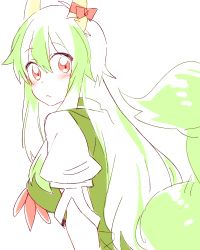 Rule 34 | 1girl, 6 (yuchae), blush, bow, breasts, dress, ex-keine, from behind, frown, green hair, horn bow, horns, kamishirasawa keine, long hair, looking at viewer, red eyes, solo, surprised, tail, touhou, very long hair, wide-eyed