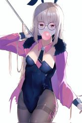 Rule 34 | 1girl, alternate costume, animal ears, black leotard, black pantyhose, black wrist cuffs, blonde hair, blush, breasts, character name, covered navel, detached collar, fake animal ears, feet out of frame, flag, girls&#039; frontline, glasses, harafrontline, highres, holding, holding flag, jacket, leotard, long hair, long sleeves, looking at viewer, mouth hold, necktie, open clothes, open jacket, orange eyes, pantyhose, pink jacket, pink necktie, playboy bunny, rabbit ears, round eyewear, sidelocks, small breasts, solo, standing, thighs, type 80 (girls&#039; frontline), white background, wrist cuffs