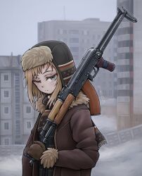 Rule 34 | 1girl, akm, akms, artist name, assault rifle, brown hat, brown jacket, brown mittens, brown scarf, building, closed mouth, colored eyelashes, day, eyelashes, folding stock, from side, fur-trimmed jacket, fur-trimmed sleeves, fur hat, fur trim, grey eyes, gun, hat, holding, holding gun, holding weapon, jacket, kalashnikov rifle, light brown hair, long sleeves, looking at viewer, medium hair, mittens, multicolored clothes, multicolored hat, multicolored scarf, one eye closed, open clothes, open jacket, original, outdoors, over shoulder, print headwear, print scarf, rifle, scarf, solo, third-party source, upper body, ushanka, weapon, weapon over shoulder, winter, winter clothes, zap-nik