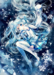 Rule 34 | 1girl, blue eyes, blue hair, detached sleeves, dress, hatsune miku, highres, long hair, looking at viewer, matching hair/eyes, md5 mismatch, onineko, resolution mismatch, scarf, snow, snowflakes, solo, source smaller, thighhighs, twintails, vocaloid, yamaha, yuki miku