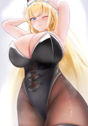 Rule 34 | 1girl, animal ears, armpits, azur lane, black leotard, blonde hair, blue eyes, blush, breasts, cleavage, clothing cutout, fake animal ears, highleg, highleg leotard, highres, huge breasts, leotard, long hair, looking at viewer, navel cutout, north carolina (azur lane), north carolina (the heart&#039;s desire) (azur lane), official alternate costume, one eye closed, pantyhose, playboy bunny, resolution mismatch, sano sho, solo, source smaller