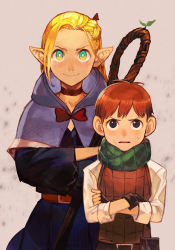 Rule 34 | 1boy, 1girl, blonde hair, chilchuck tims, crossed arms, dungeon meshi, elf, fingerless gloves, gloves, green eyes, halfling, height difference, hungry clicker, marcille donato, pointy ears, purple eyes, red hair, smile, staff, sweat