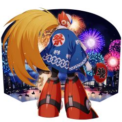 Rule 34 | 1boy, alternate costume, android, blonde hair, blue eyes, capcom, festival, fireworks, from behind, full body, hand fan, happi, helmet, highres, holding, holding fan, japanese clothes, long hair, long sleeves, looking back, male focus, mega man (series), mega man x (series), mega man x dive, mizuno keisuke, official art, paper fan, ponytail, smile, solo, standing, transparent background, uchiwa, very long hair, zero (mega man)