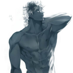 Rule 34 | 1boy, abs, backlighting, blue theme, caesar anthonio zeppeli, chaashuu, closed eyes, collarbone, greyscale, hand on own neck, jojo no kimyou na bouken, male focus, monochrome, muscular, solo, topless male, upper body