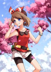 Rule 34 | 10s, 1girl, bad id, bad pixiv id, bike shorts, blue eyes, blue sky, bracelet, brown hair, cherry blossoms, creatures (company), day, fanny pack, game freak, grin, hair ribbon, highres, holding, holding poke ball, jewelry, looking at viewer, may (pokemon), may (pokemon oras), nintendo, poke ball, pokemon, pokemon oras, ribbon, shirt, short shorts, shorts, sidelocks, sky, sleeveless, sleeveless shirt, smile, solo, tank top, transistor, two side up, v
