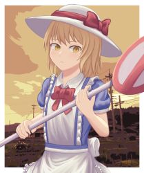 Rule 34 | 1girl, apron, back bow, bad id, bad pixiv id, blonde hair, blue dress, border, bow, bowtie, collared dress, dress, florentia menma, frilled dress, frills, hat, hat bow, highres, holding, kana anaberal, outdoors, puffy short sleeves, puffy sleeves, red bow, red bowtie, road sign, short hair, short sleeves, sign, sun hat, touhou, touhou (pc-98), upper body, waist apron, white apron, white border, white bow, white headwear, yellow eyes