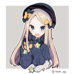 Rule 34 | 1girl, :d, abigail williams (fate), bad id, bad pixiv id, black bow, black dress, black hat, blonde hair, blue eyes, blush, bow, brown background, cropped torso, dress, fate/grand order, fate (series), forehead, grey background, hair bow, hat, ikeuchi tanuma, long hair, long sleeves, looking at viewer, multiple hair bows, open mouth, orange bow, outline, parted bangs, saint quartz (fate), sleeves past fingers, sleeves past wrists, smile, solo, twitter username, two-tone background, upper body, v-shaped eyebrows, white background, white outline