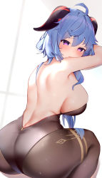 Rule 34 | 1girl, absurdres, ass, bare arms, bare shoulders, black leotard, black pantyhose, blue hair, blush, breasts, ganyu (genshin impact), genshin impact, goat horns, highres, horns, large breasts, leotard, long hair, looking at viewer, looking back, paid reward available, pantyhose, parted lips, purple eyes, smile, solo, usagi poi